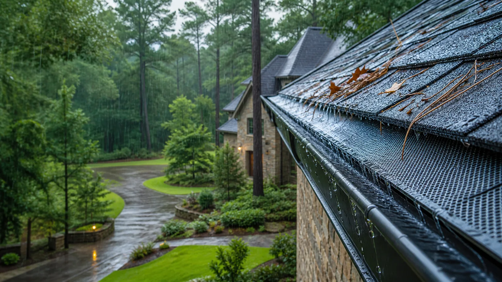 Premium gutter guard and rainwater control scene on a wooded The Woodlands home
